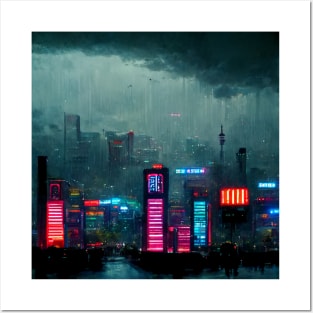 Rain Storm - Cyberpunk Cityscape Skyline Posters and Art